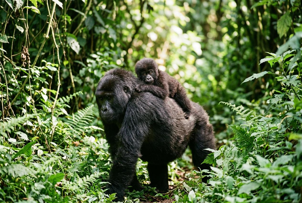 Infant gorilla on mother's back