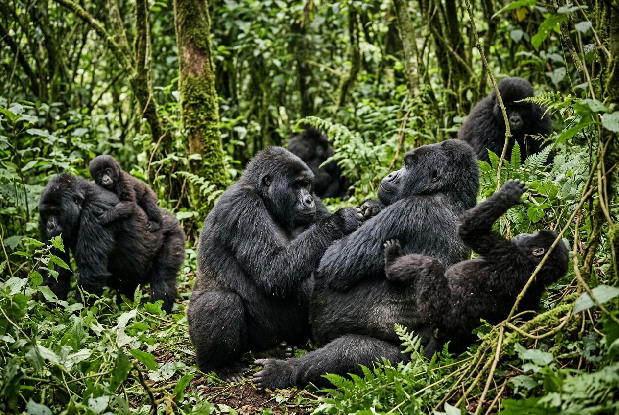 Gorilla family group interacting
