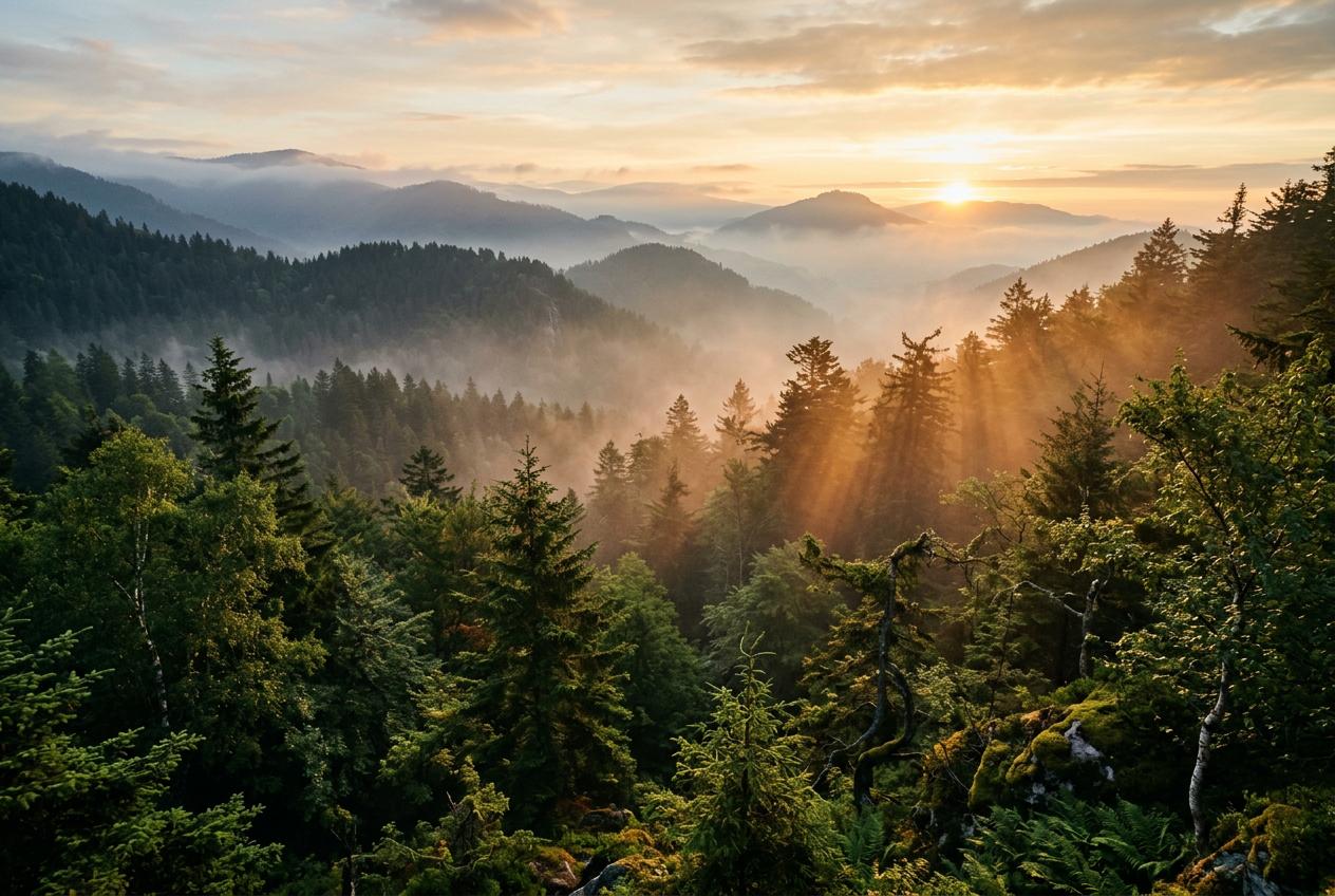 Misty forest at dawn