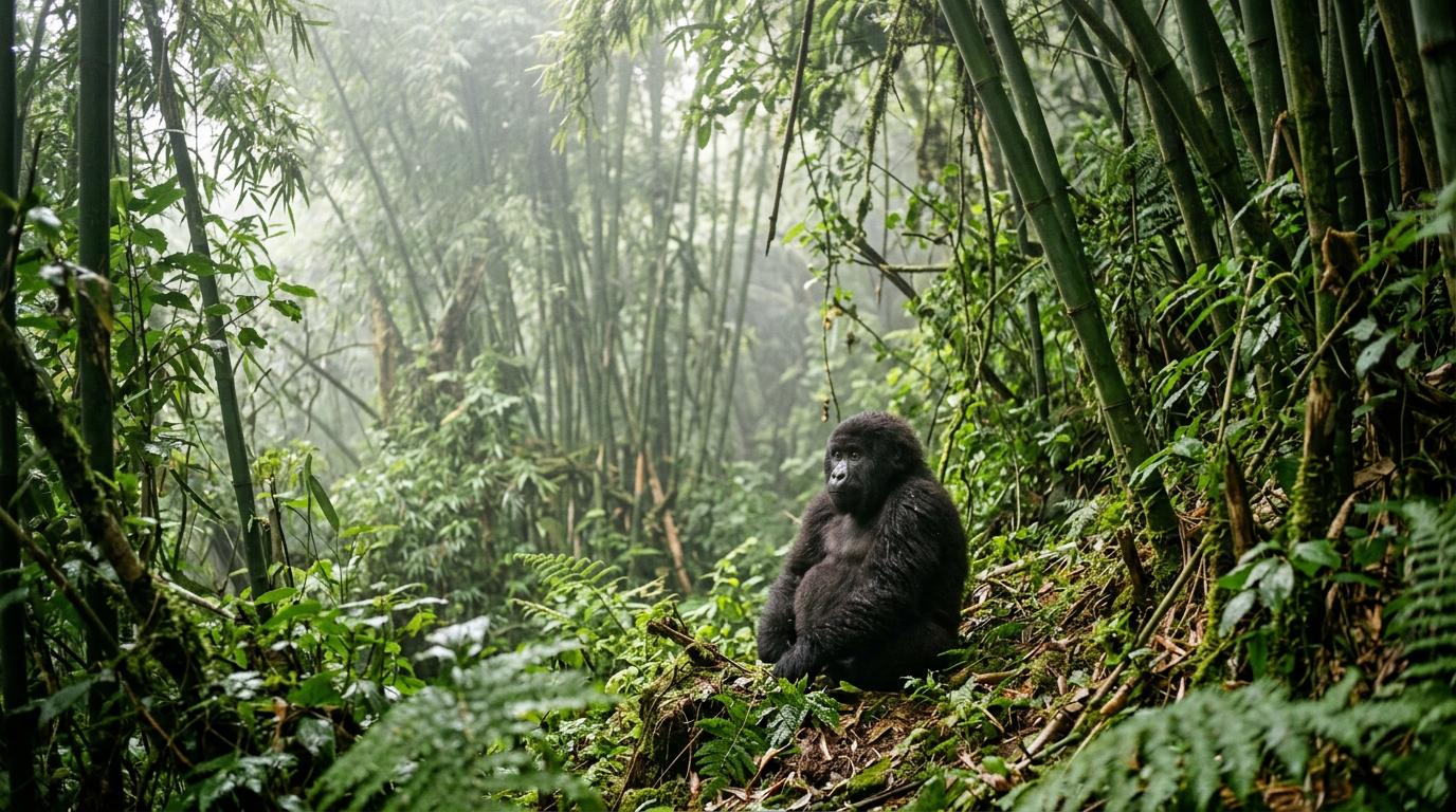 Young mountain gorilla in misty bamboo forest