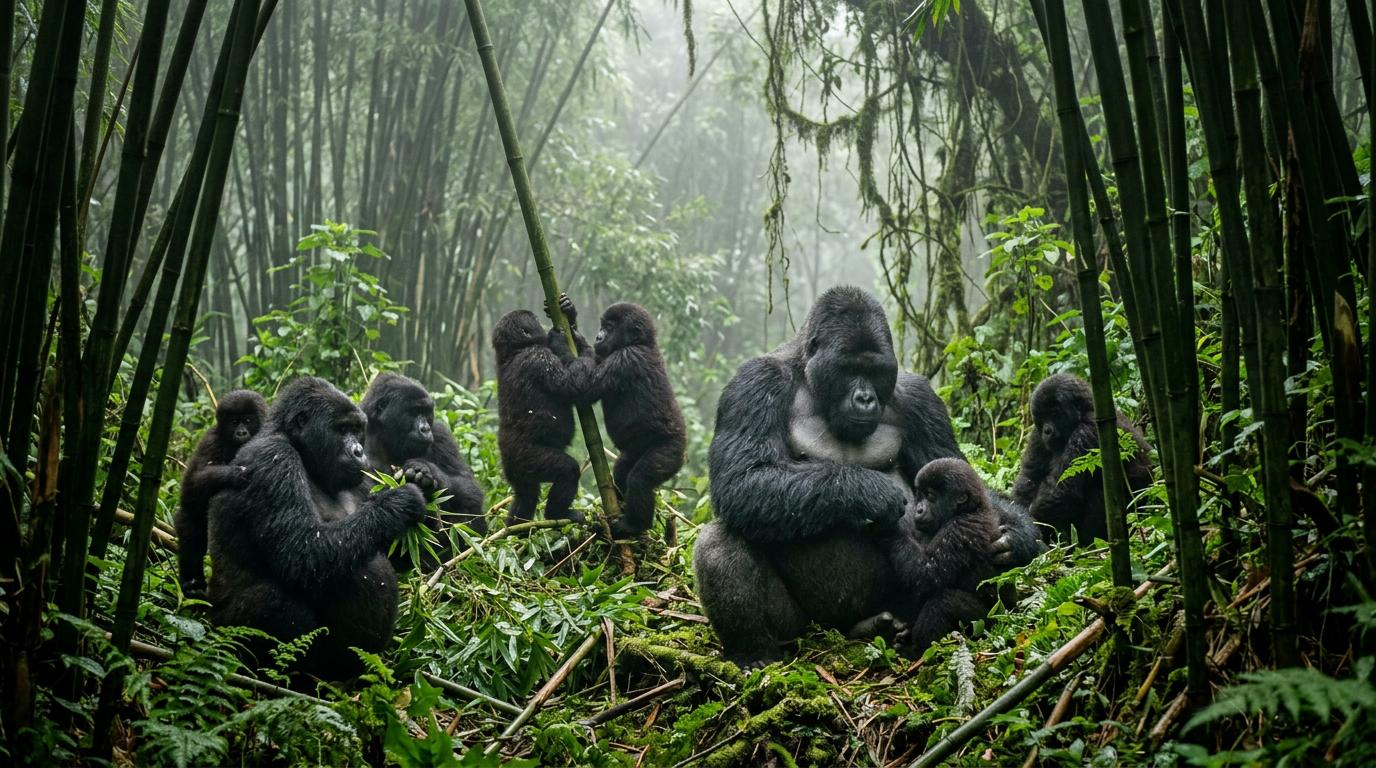 Mountain gorilla family in misty bamboo forest